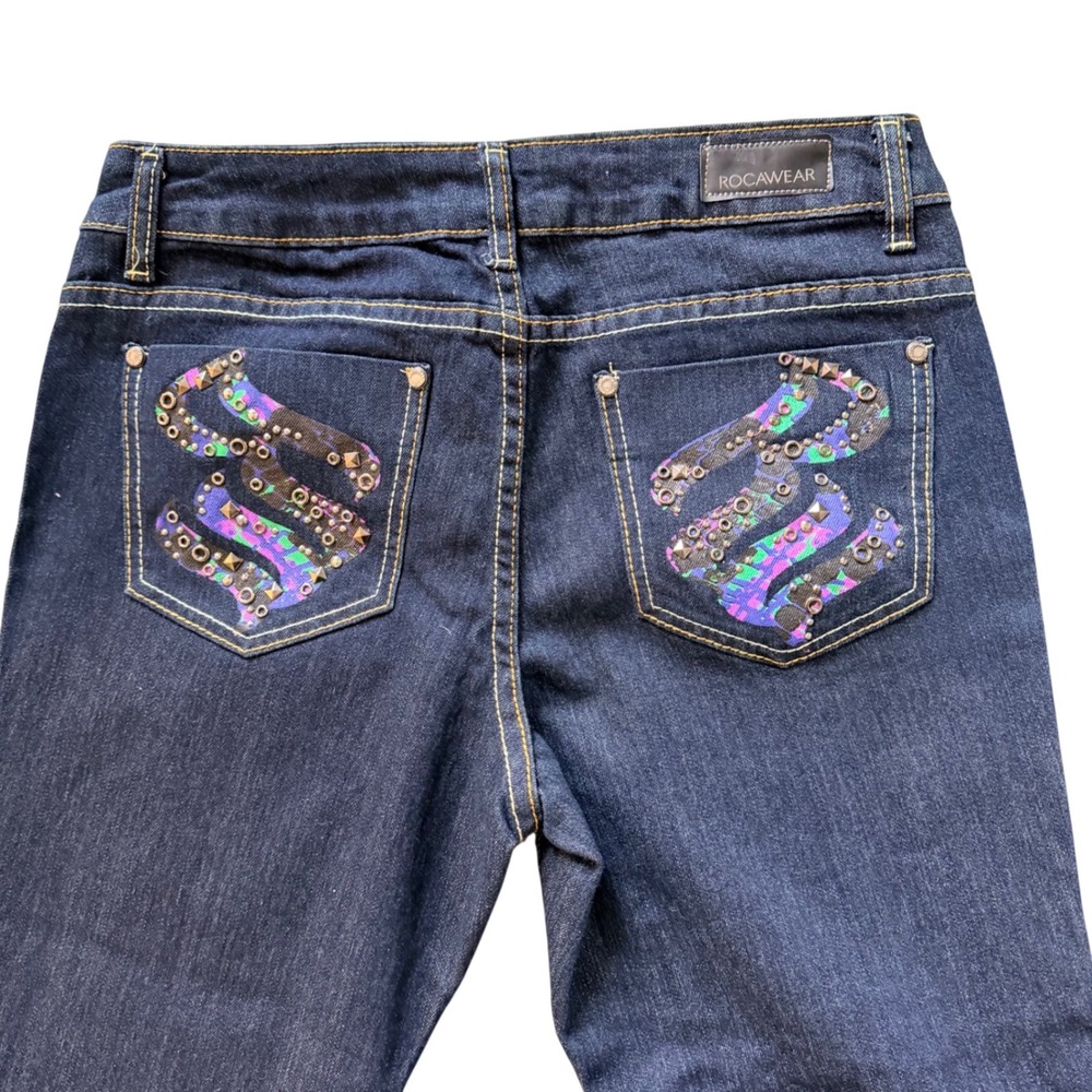 Rocawear Slim Straight Jeans Womens 9 Dark Wash Y2K Studded Pockets Denim Glam